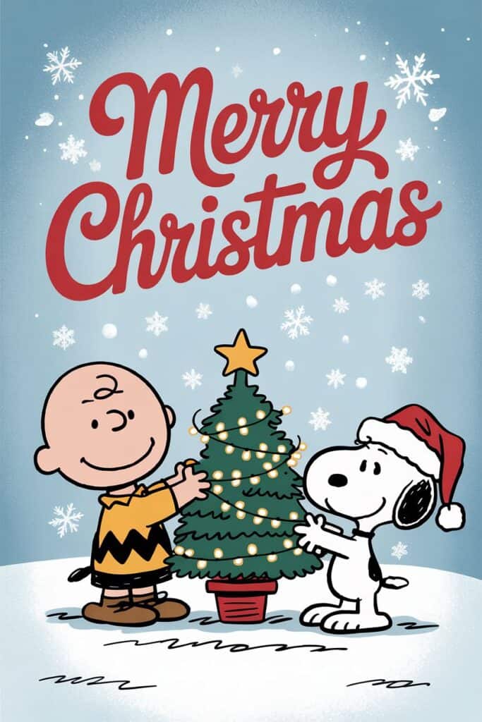 Festive holiday drawing of Charlie Brown and Snoopy decorating a Christmas tree with lights, Christmas scene, holiday celebration, seasonal art, The Sketch & Doodle Club.