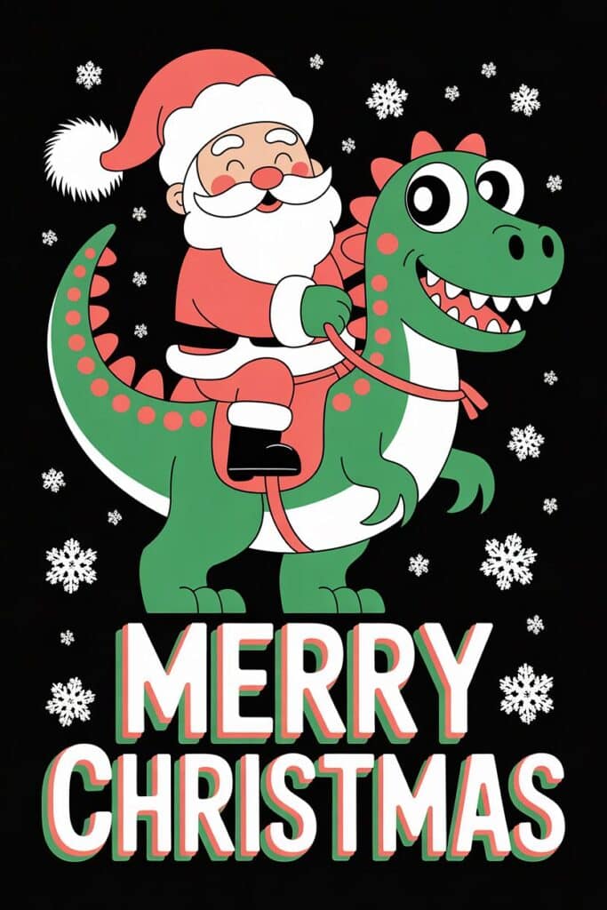 Santa Claus riding a green dinosaur with snowflakes, Merry Christmas message, festive holiday illustration.