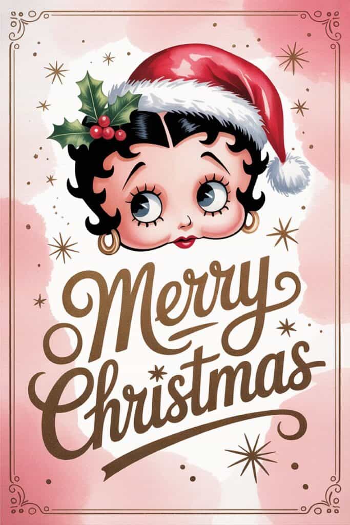 Festive cartoon Betty Boop with Christmas hat and holly, Merry Christmas sign, holiday greeting, Christmas illustration.