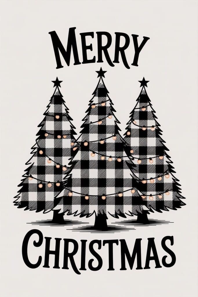Festive Christmas tree illustration with black and white plaid pattern and string lights.