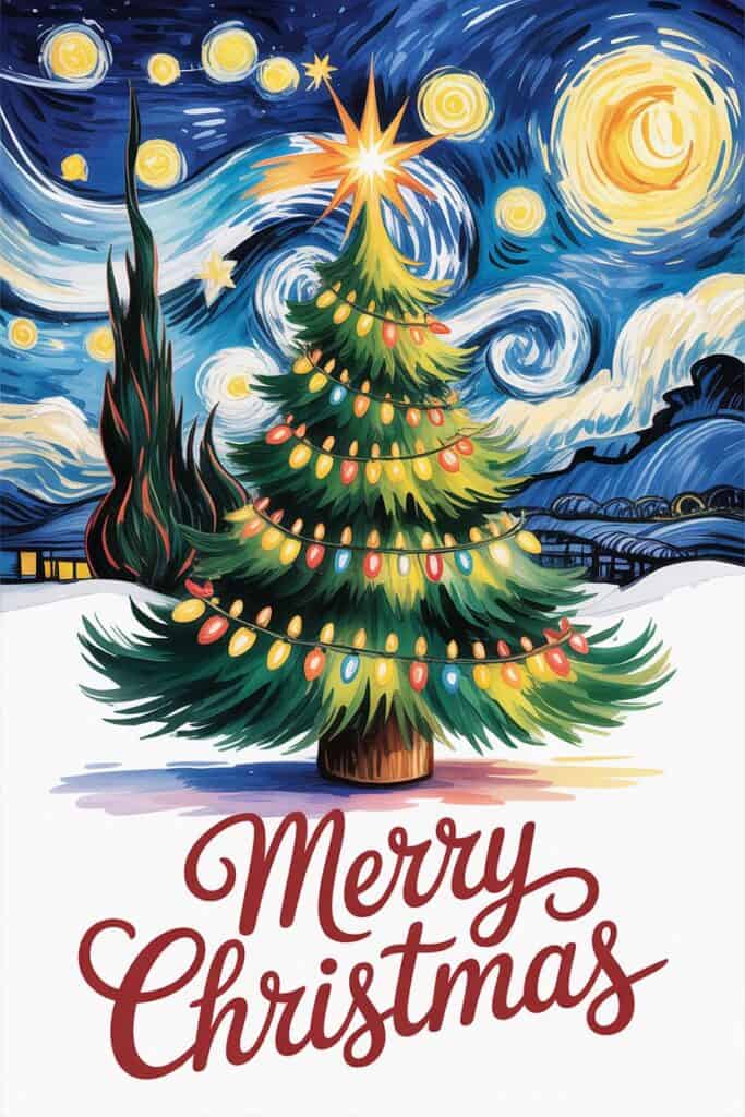 Vibrant Christmas tree with colorful lights set against Vincent van Gogh's "Starry Night" background.