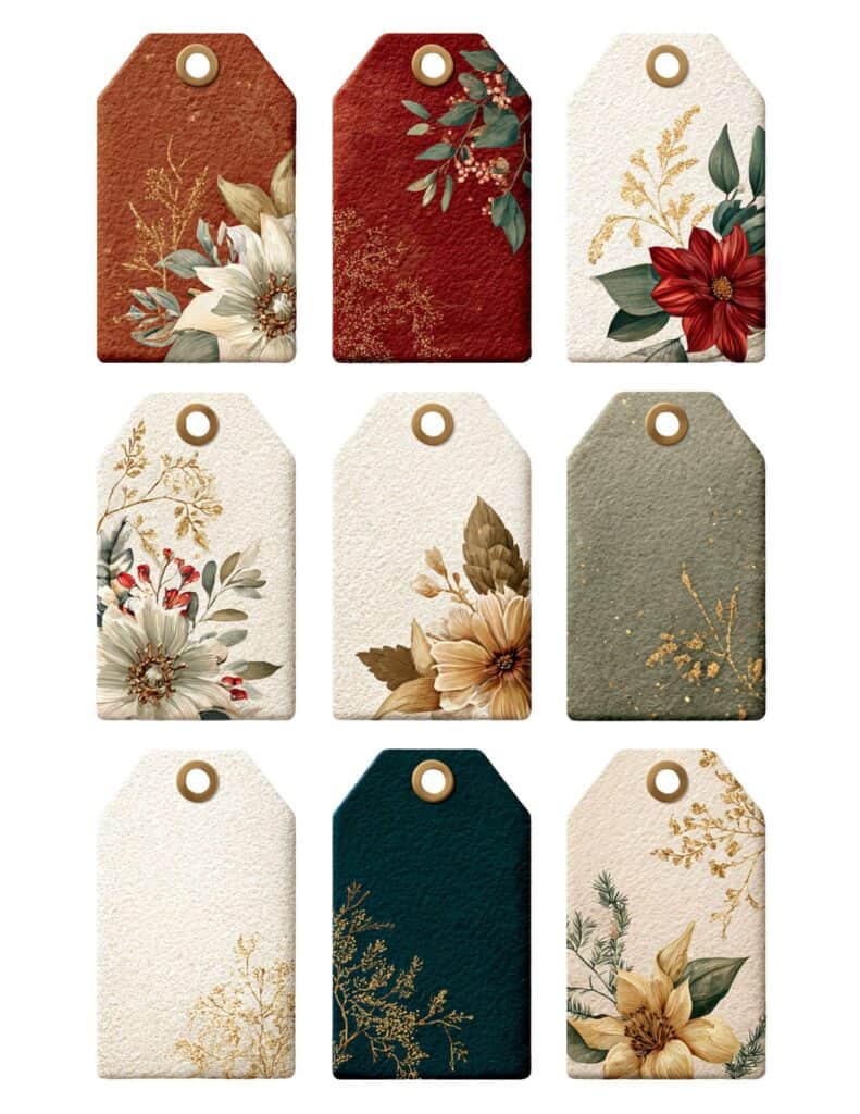 Elegant floral holiday gift tags with poinsettia and botanical designs.