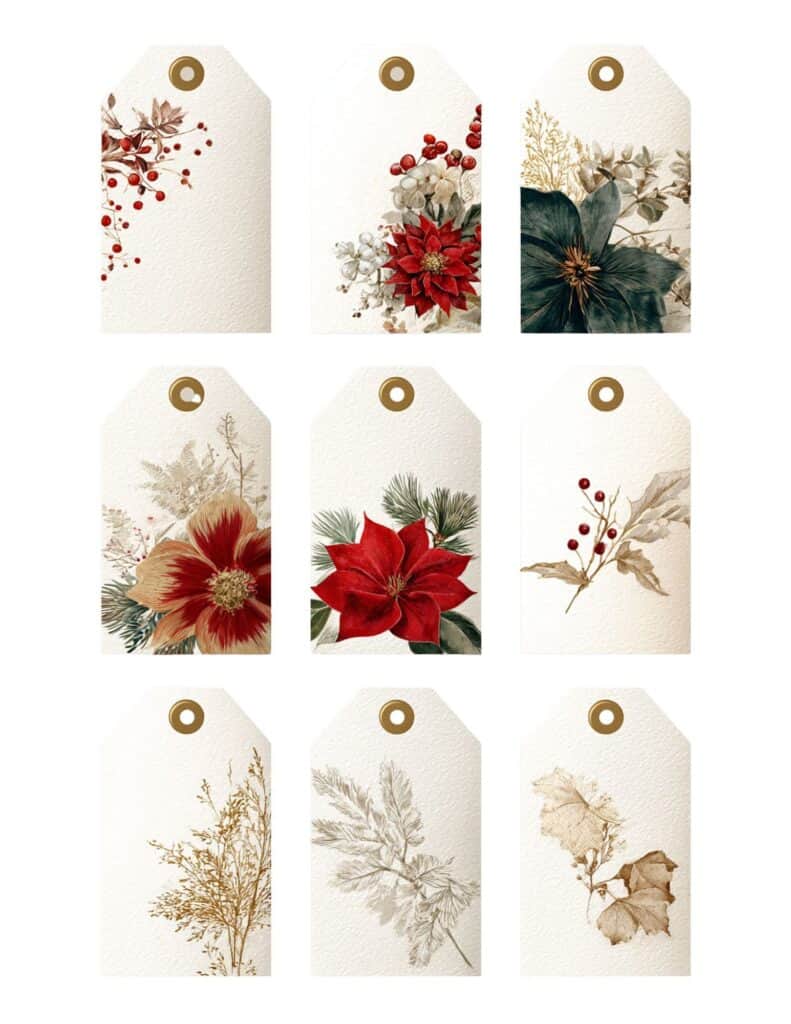 Elegant holiday botanical gift tags with poinsettias and festive foliage.