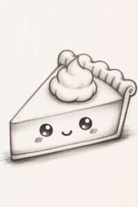 Cute cartoon slice of pie with smiley face, whipped cream topping, and kawaii style art.
