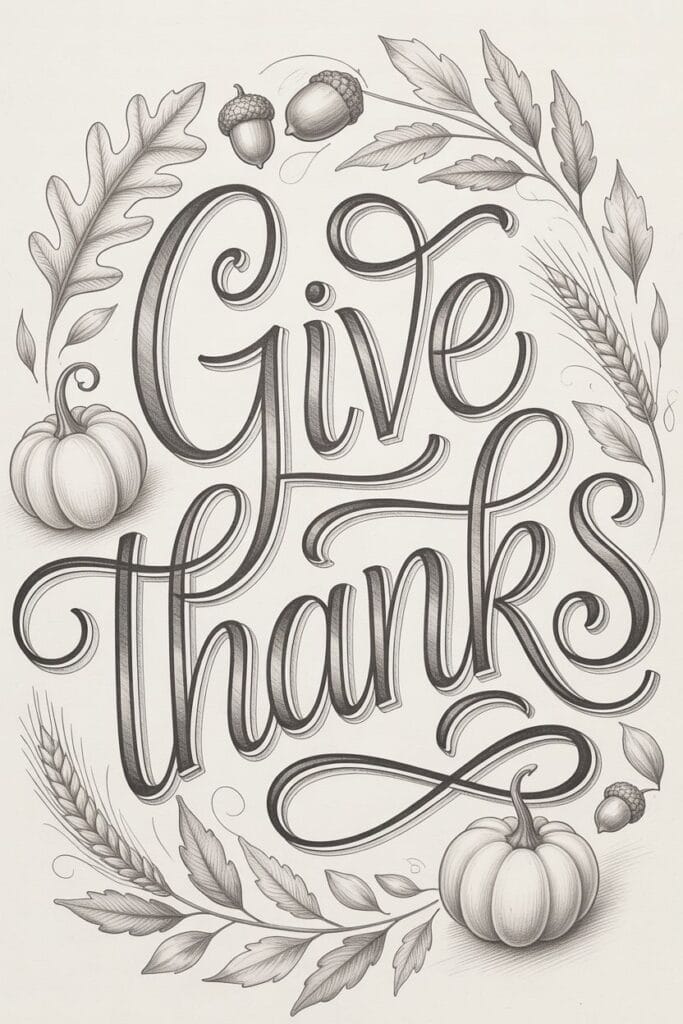 Give thanks hand lettering autumn fall holiday greeting card.