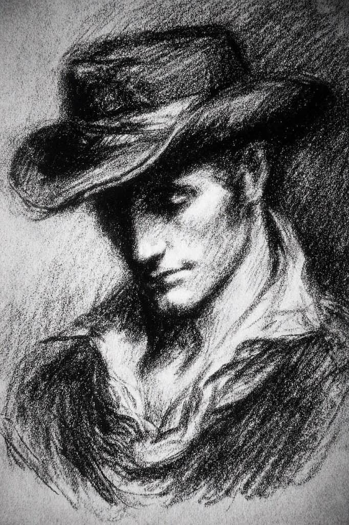 Elegant black and white sketch of a woman wearing a stylish hat, clothing details visible.
