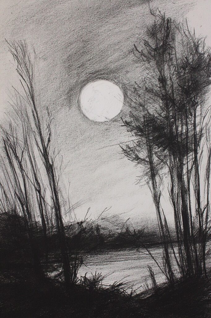 Moonlit landscape sketch with trees and water in black ink.