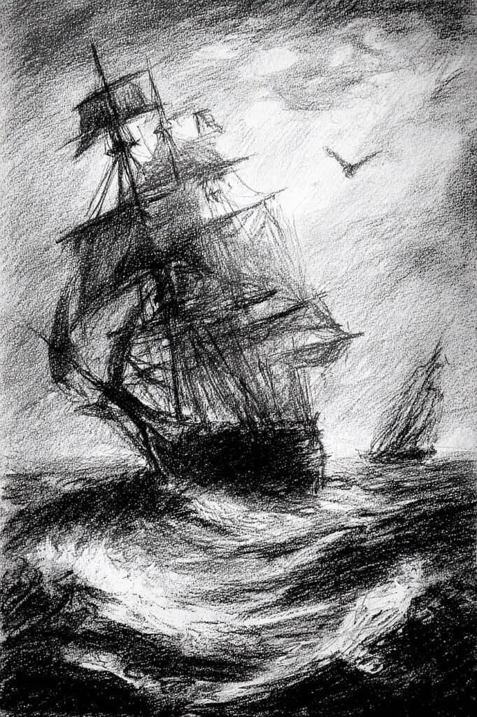 A sketch of an old sailing ship navigating rough seas in black and white pencil art.