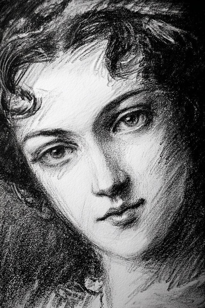 Close-up of a realistic pencil sketch portrait of a woman with expressive eyes and detailed shading.