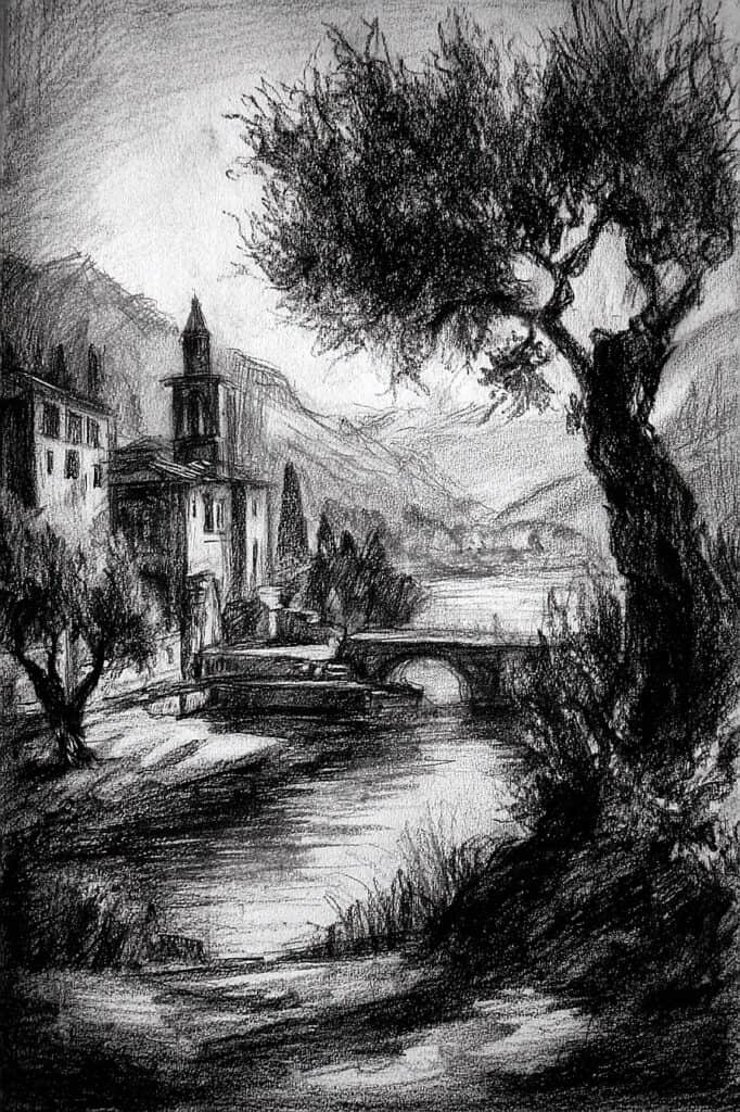 A charming black and white sketch of a Mediterranean village with a river, bridge, and lush trees.