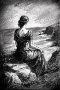 Silhouette of woman sitting on rocky coast looking at the sea, pencil sketch art, scenic landscape drawing.