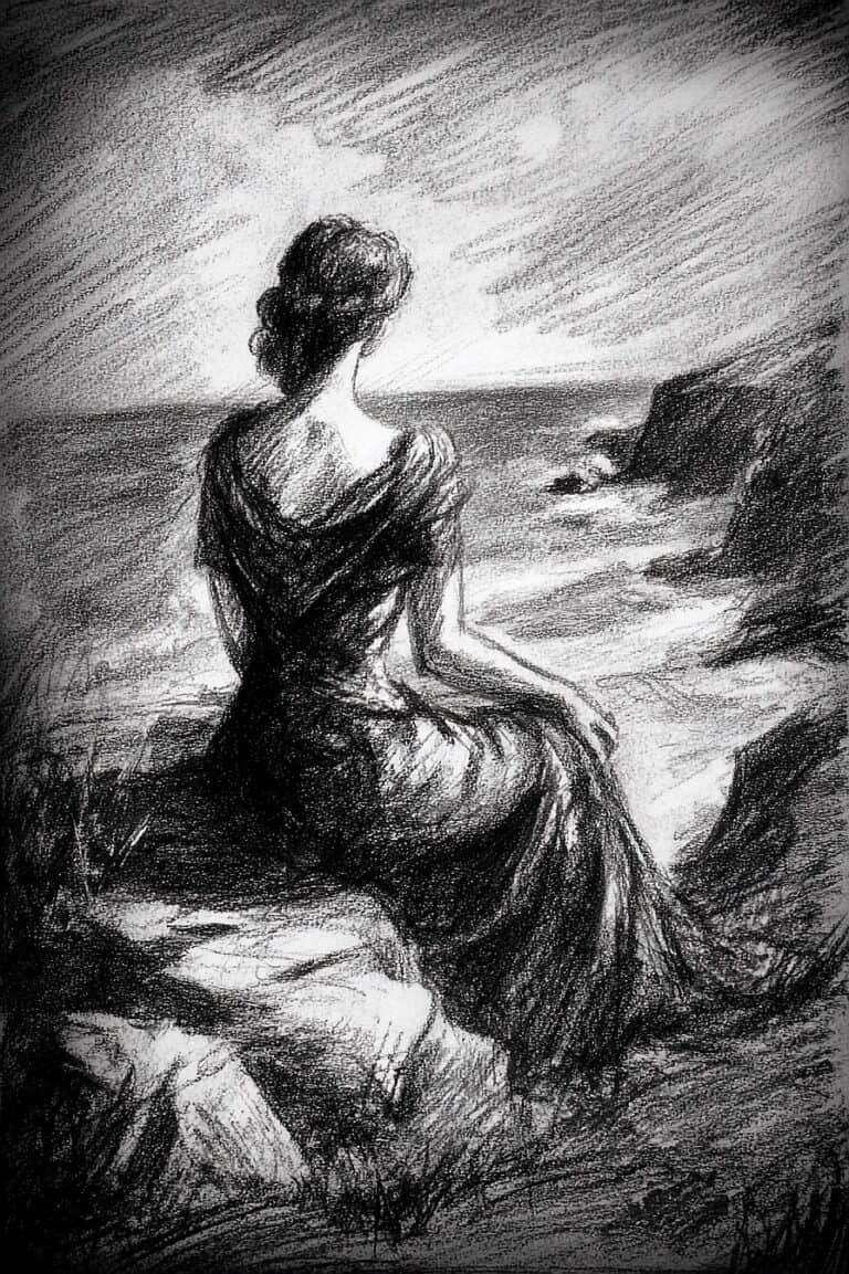 Silhouette of woman sitting on rocky coast looking at the sea, pencil sketch art, scenic landscape drawing.