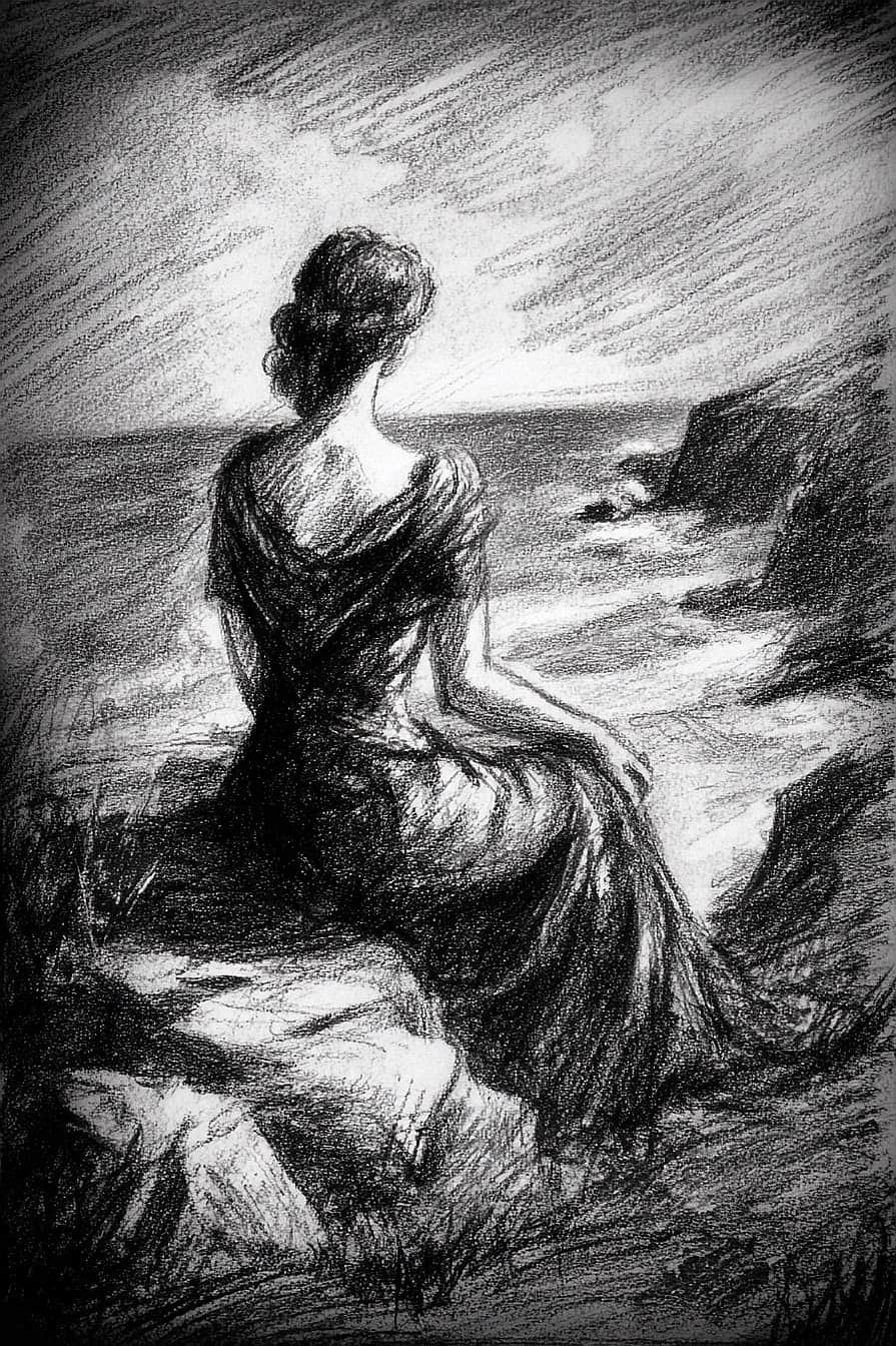 Silhouette of woman sitting on rocky coast looking at the sea, pencil sketch art, scenic landscape drawing.