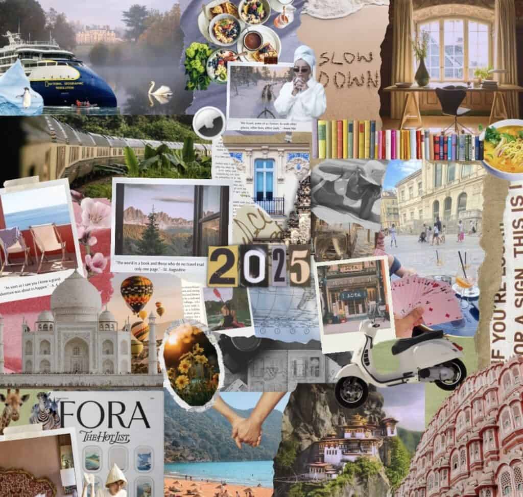 Vibrant collage of travel, dining, architecture, and outdoor scenes for The Sketch & Doodle Club.