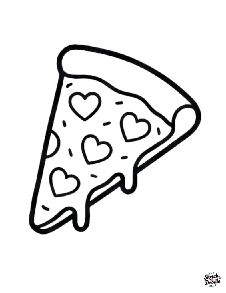 Black and white sketch of a pizza slice decorated with heart toppings for fun and creativity.