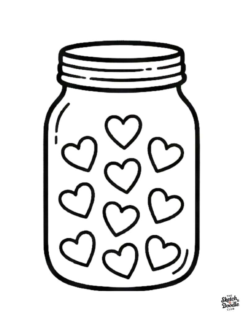Black and white sketch of a jar with hearts, perfect for coloring and doodle art practice.