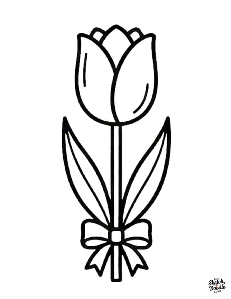 Black and white sketch of a tulip flower with leaves and a bow, coloring page for kids.