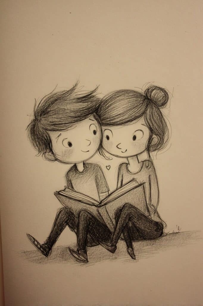 Doodle art of children reading together for kids' activities and art projects.