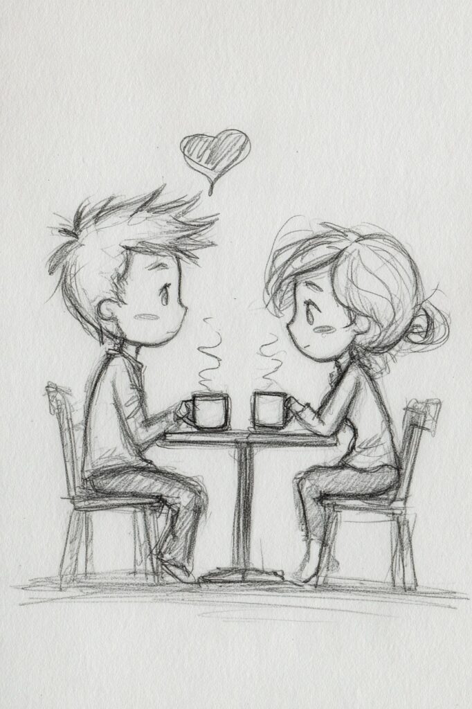Whimsical hand-drawn illustration of a boy and girl having coffee.