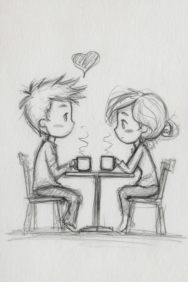 Whimsical hand-drawn illustration of a boy and girl having coffee.