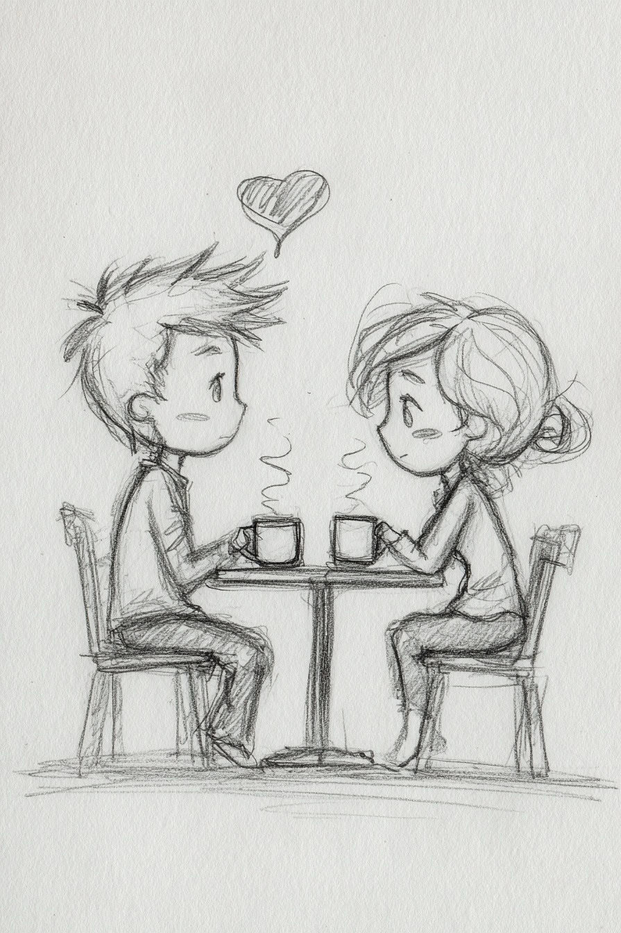 Whimsical hand-drawn illustration of a boy and girl having coffee.