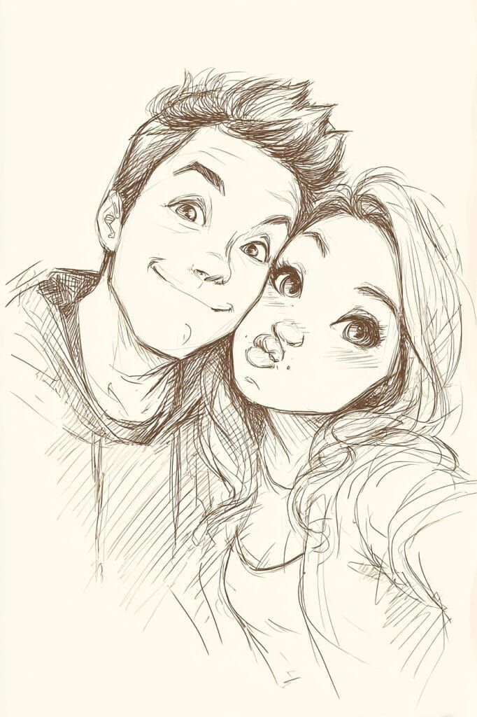 Doodle of two smiling friends with expressive eyes and fun poses.