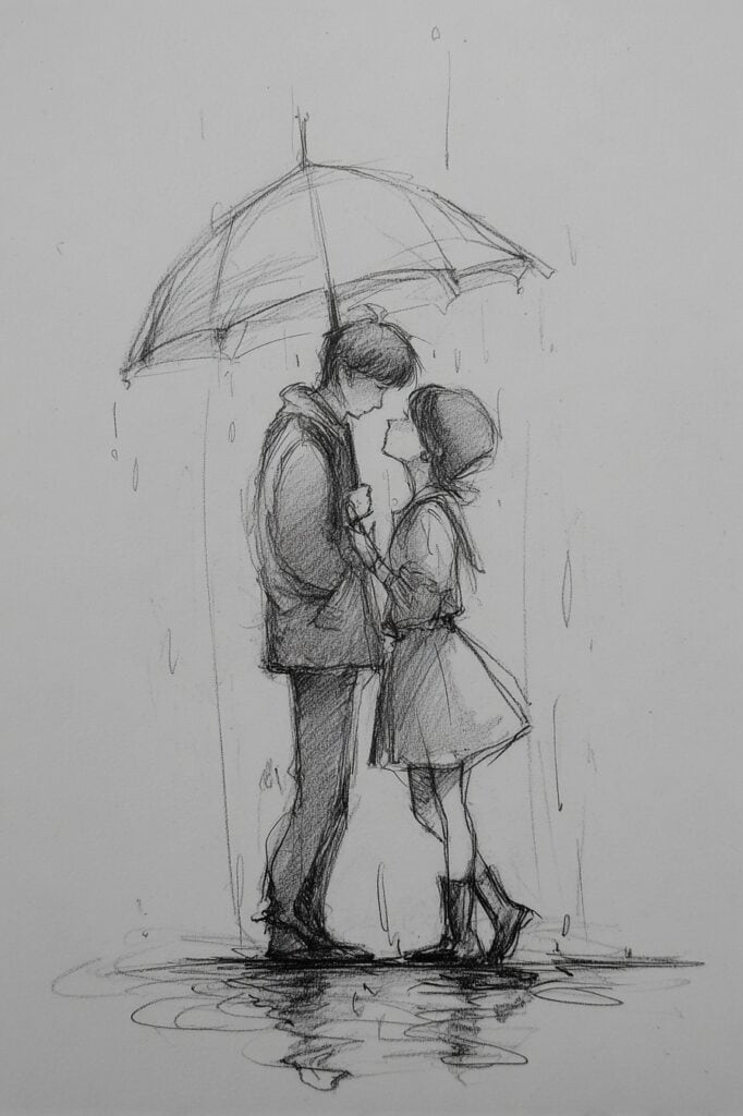Couple sharing umbrella sketch, romantic rainy day drawing.