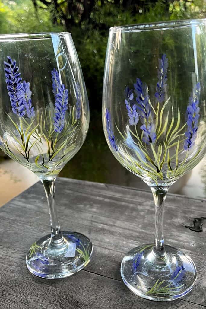 Beautiful hand-painted lavender floral wine glasses for special occasions.