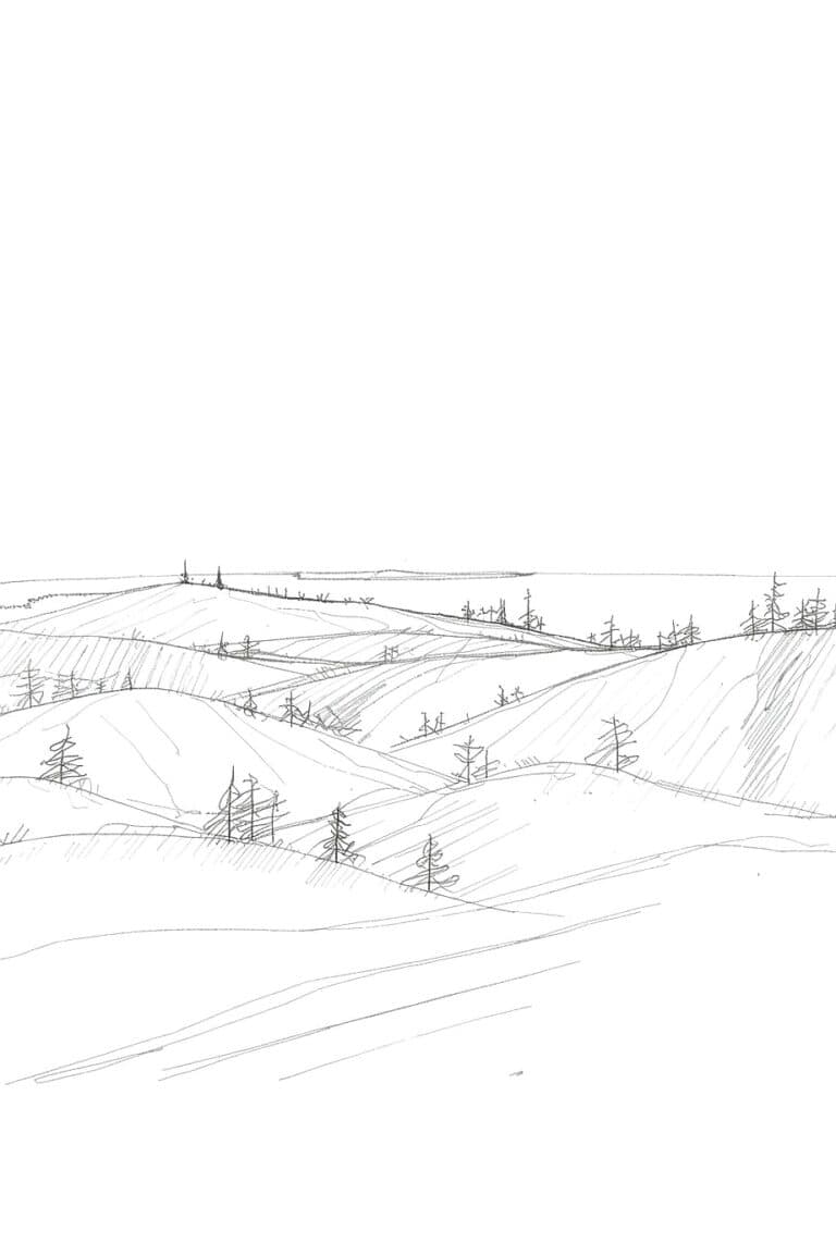 A sketch of a simple landscape with rolling hills and sparse trees, perfect for easy drawing practic.