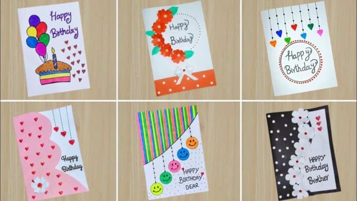 Assorted birthday cards with balloons, flowers, and cheerful designs.