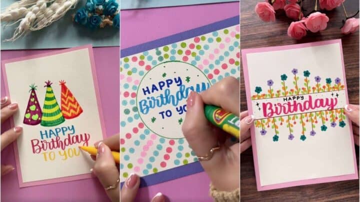 Colorful handmade birthday cards with creative designs and messages.