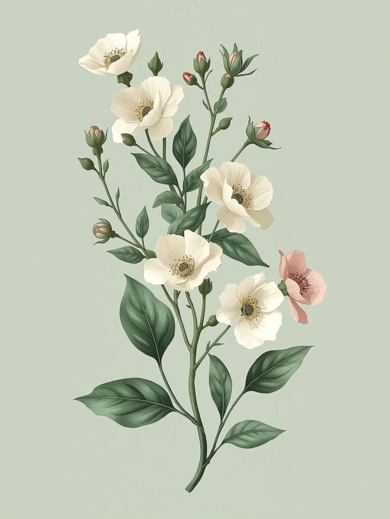 Beautiful sage green floral artwork featuring white and pink flowers for iPad background.