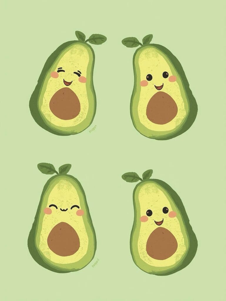 Cute avocado illustrations with smiling faces and pink cheeks.