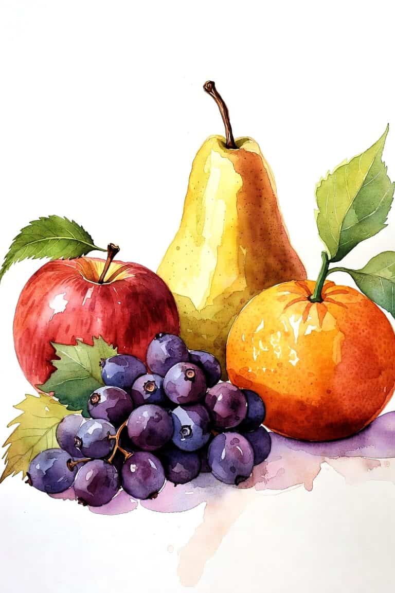 Vibrant watercolor painting of apple, pear, orange, and grapes.