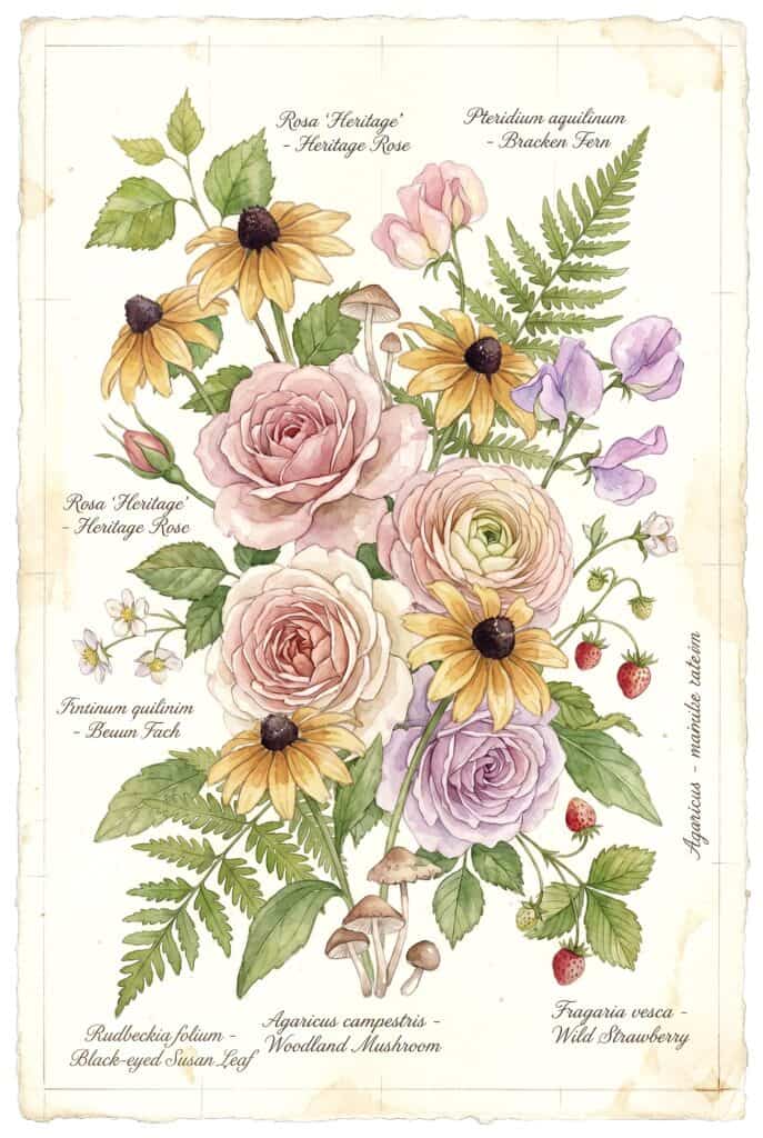 Detailed vintage botanical illustration of roses, ferns, and wild strawberries for vintage art inspi.