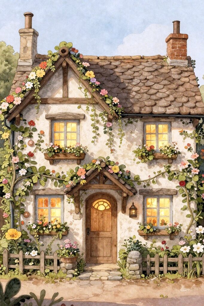 A whimsical watercolor of a cozy cottage surrounded by colorful flowers and lush greenery.