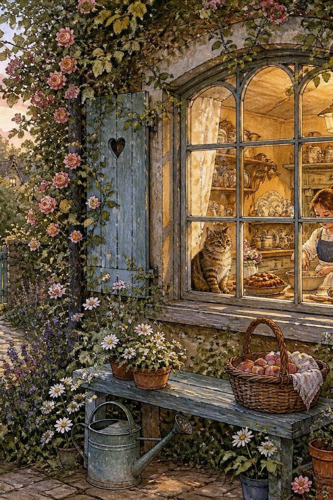 A girl baking with a cat sitting by the window in a cozy cottage scene.