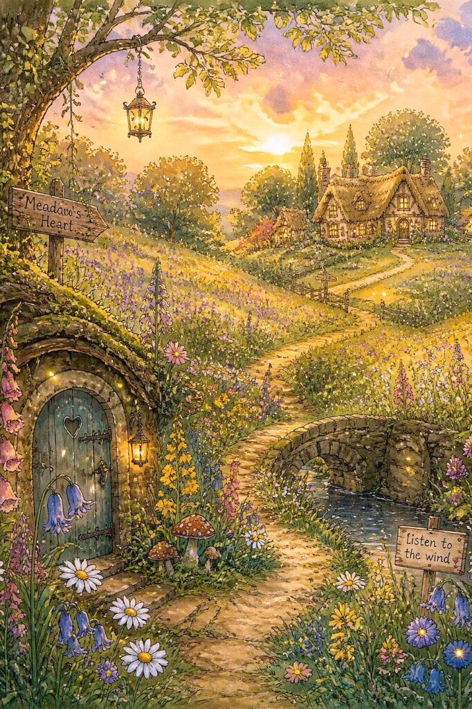 A whimsical illustration of a peaceful countryside scene with a cottage, stone bridge, flowing strea.