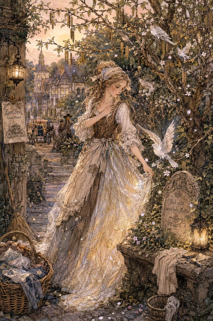 Elegant woman in vintage dress with doves in a romantic outdoor setting.
