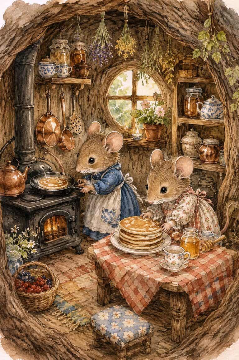 Adorable mice baking pancakes in a rustic, cozy kitchen with vintage decor.