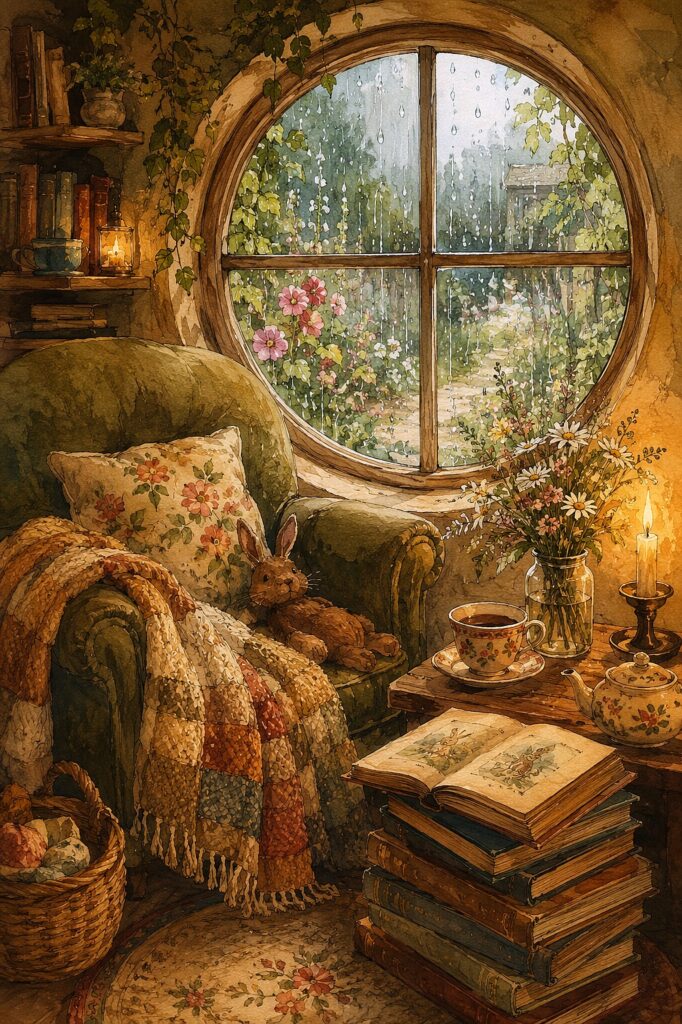Warm, cozy reading corner with rain-streaked window, books, and floral decor.