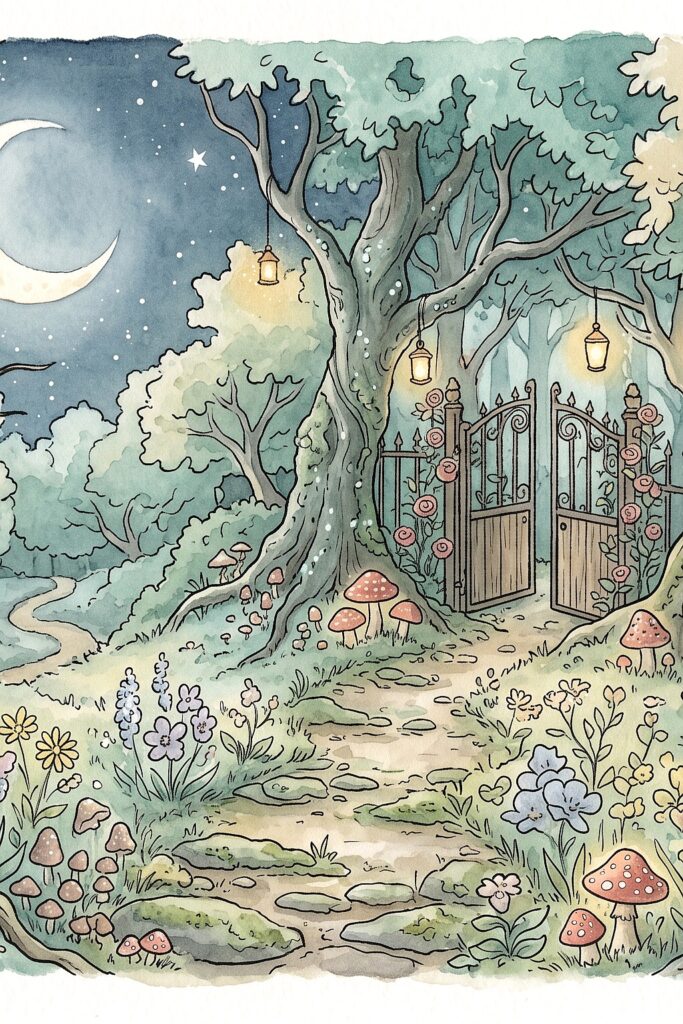 Enchanting nighttime forest scene with glowing lanterns and whimsical mushrooms.