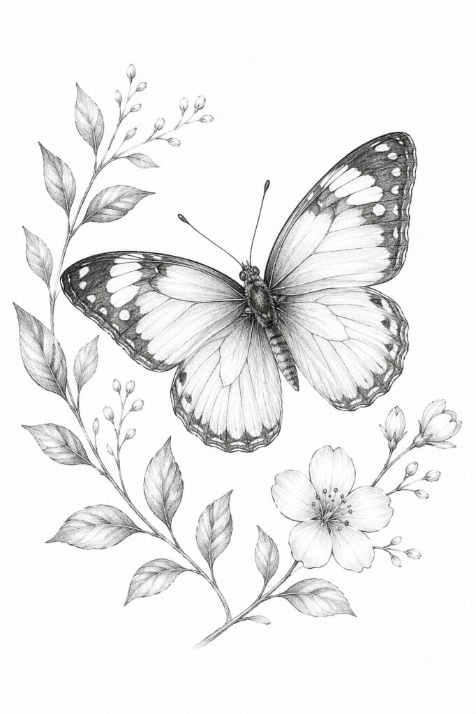 Detailed butterfly sketch with floral elements for creative drawing ideas.