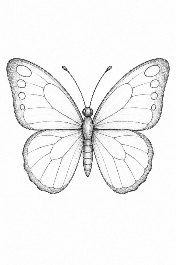 Detailed butterfly sketch from The Sketch & Doodle Club for art ideas.
