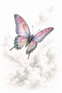 Colorful butterfly sketch with pink and blue wings flying among clouds.