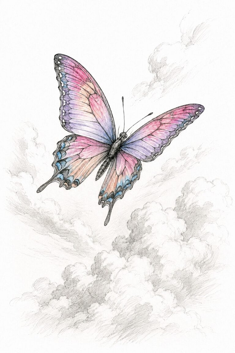 Colorful butterfly sketch with pink and blue wings flying among clouds.