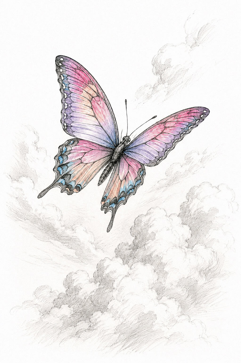 Colorful butterfly sketch with pink and blue wings flying among clouds.