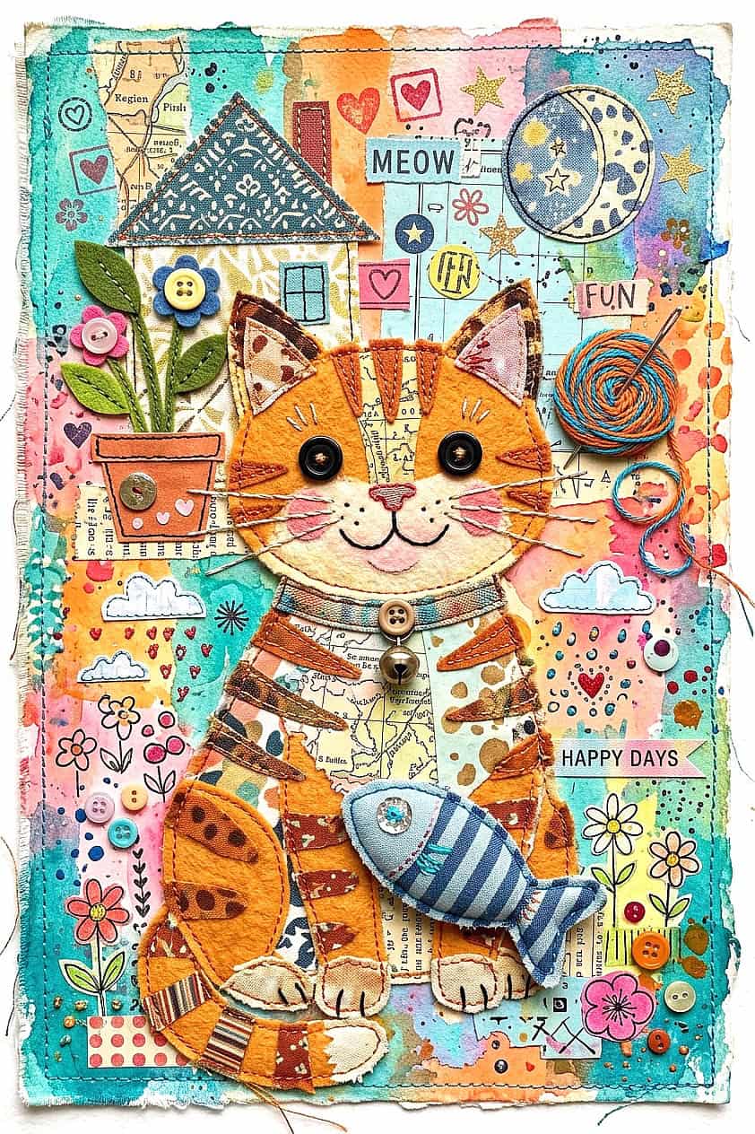Whimsical mixed media cat art with buttons, fabric, and doodles for children.