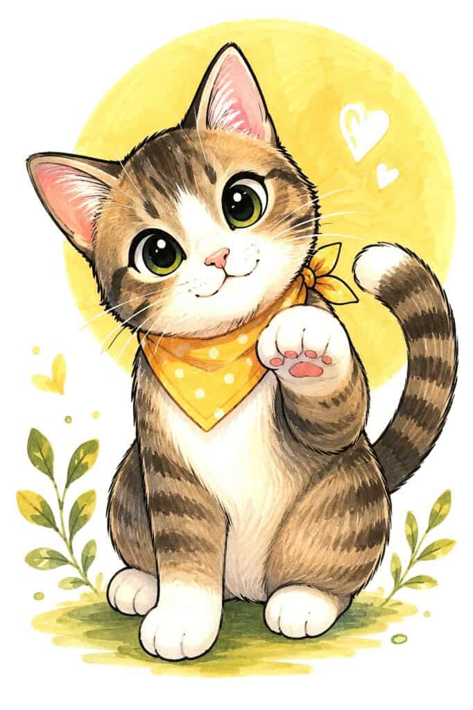 Adorable cartoon kitten with big eyes, yellow bandana, and paw raised.