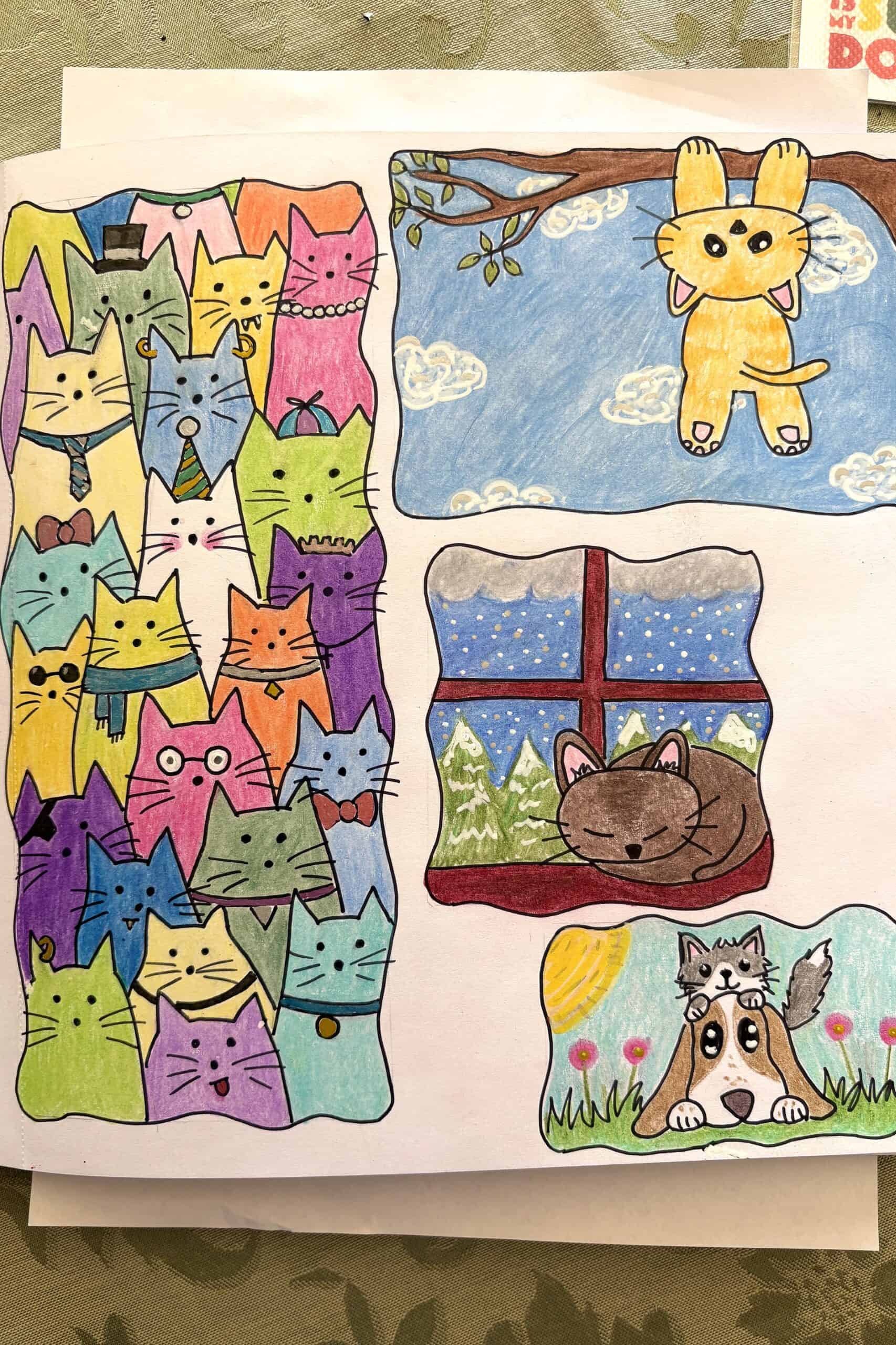 Cute hand-drawn cat illustrations with vibrant colors and playful scenes.